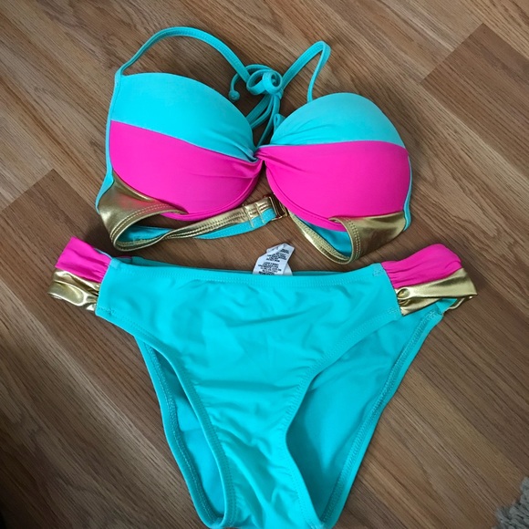 Bright mint, pink and gold bikini WORN ONCE - Picture 2 of 5